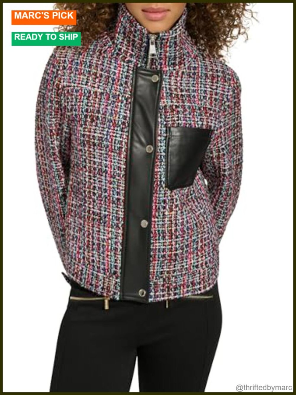 Short Tweed Jacket Long Sleeve Funnel Collar Slim Fit Casual